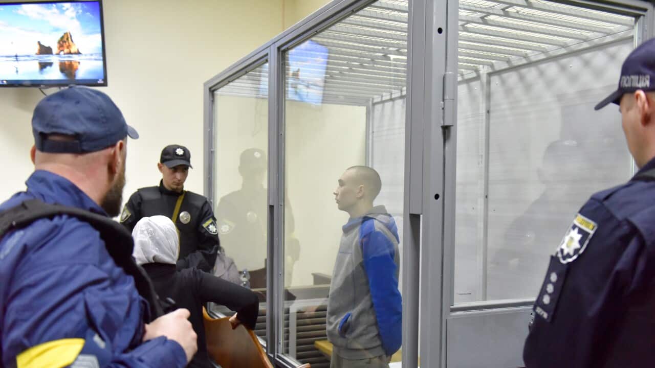 Russian serviceman Vadim Shishimarin attends a court hearing in Kyiv, Ukraine (AAP)