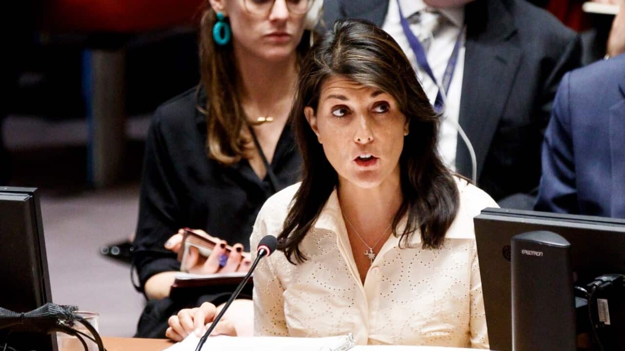 Nikki Haley (C), U.S. Ambassador to the United Nations, speaks in New York