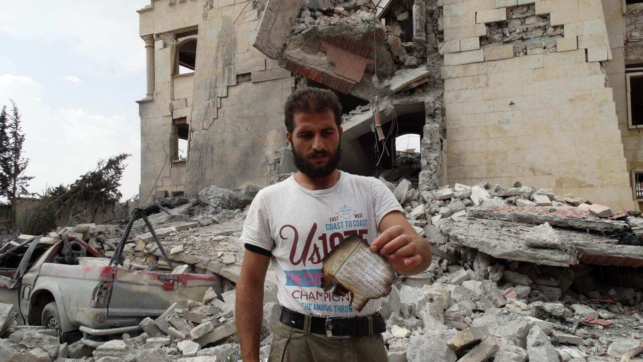 Debris of reported US-led coalition air strike against the headquarters of al-Nusra Front, Syria.