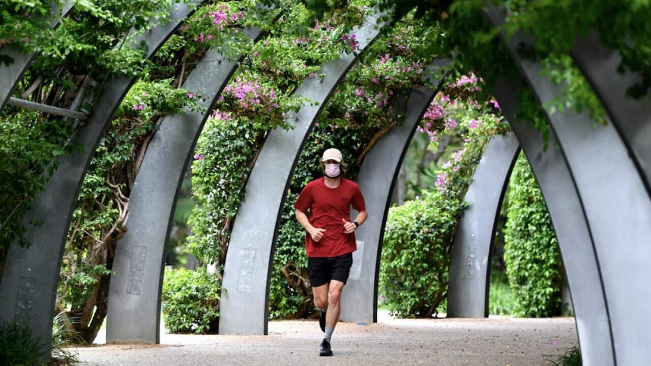 A man is seen jogging at South Bank in Brisbane, Saturday, January 9, 2021.