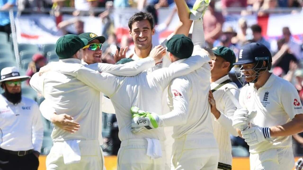 Australia's Mitchell Starc celebrates a wicket against England