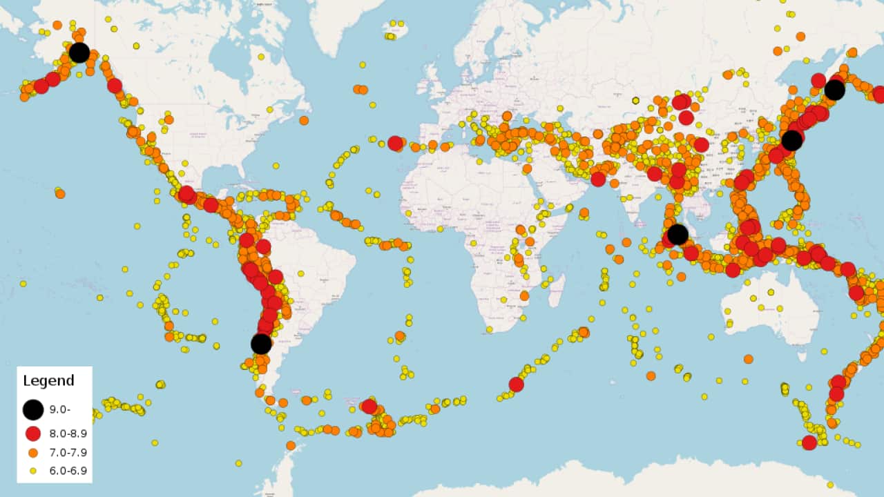 Map of earthquakes 1900-2017 - Phoenix7777 Own work, CC BY-SA 4.0, USGS, Wikipedia