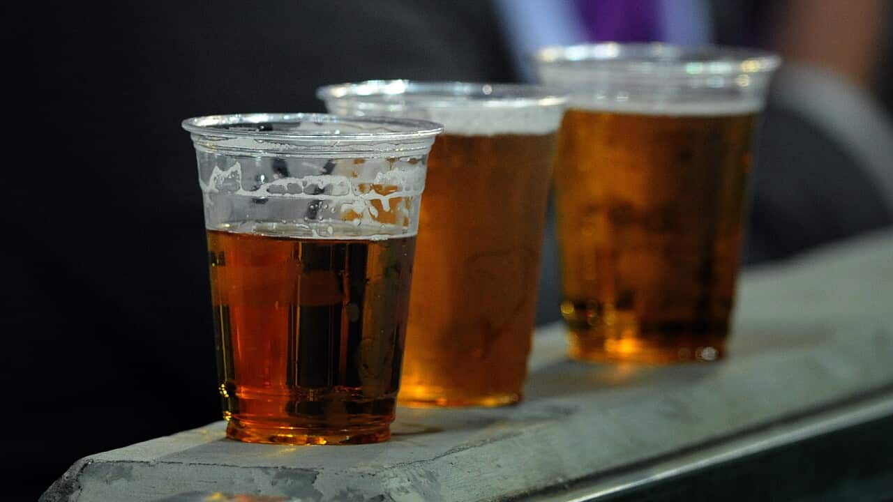 People drinking beer at a sporting venue in Melbourne, Saturday, Aug. 11, 2012. (AAP Image/Joe Castro) NO ARCHIVING