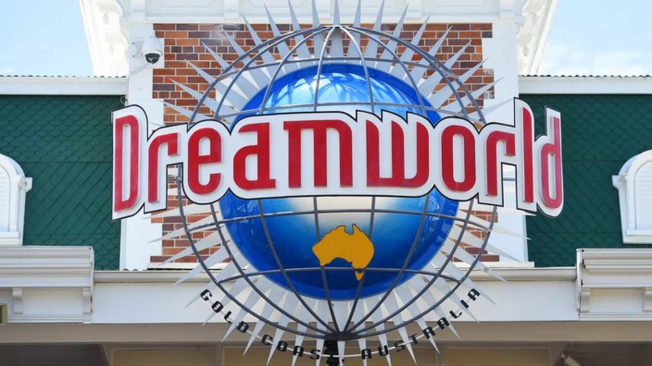 Signage is seen outside the Dreamworld Theme Park on the Gold Coast, Thursday, Oct. 27, 2016. Four adults, two men and two women, died yesterday when the park's Thunder River Rapids ride malfunctioned on Tuesday. (AAP Image/Dave Hunt) NO ARCHIVING