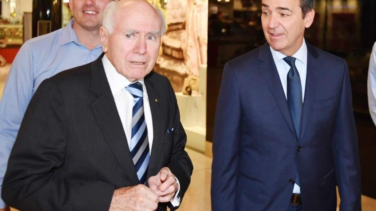 SA Liberal MP Steven Marshall and former PM John Howard in Adelaide.