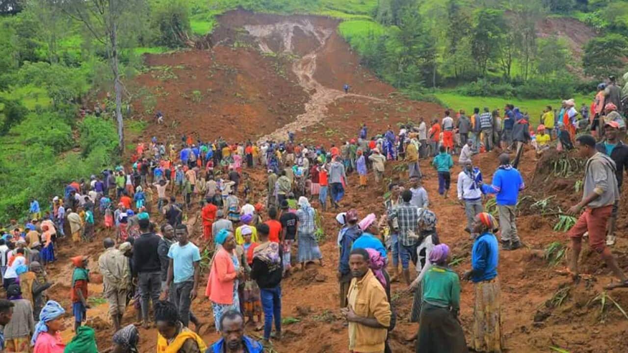 A large group of people stand on a muddy hill