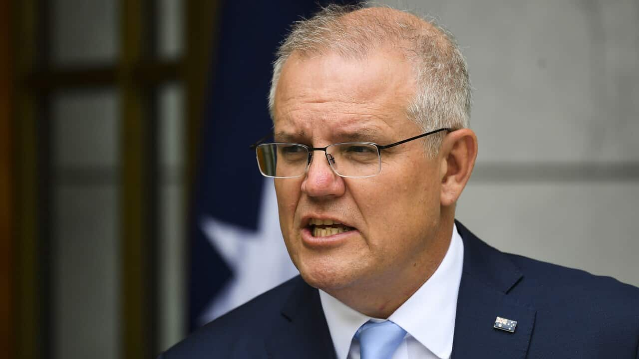 Prime Minister Scott Morrison speaks to the media during a press conference.