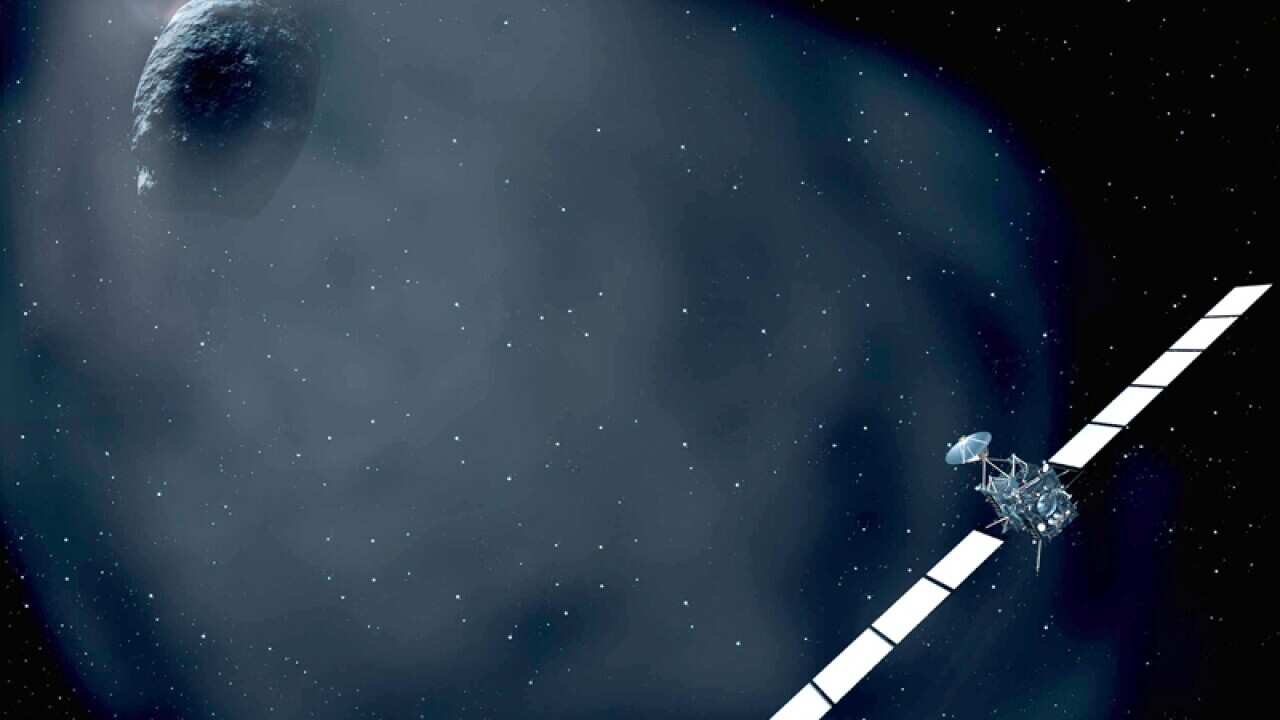 An artists's rendition of space probe 'Rosetta' advancing on a comet.