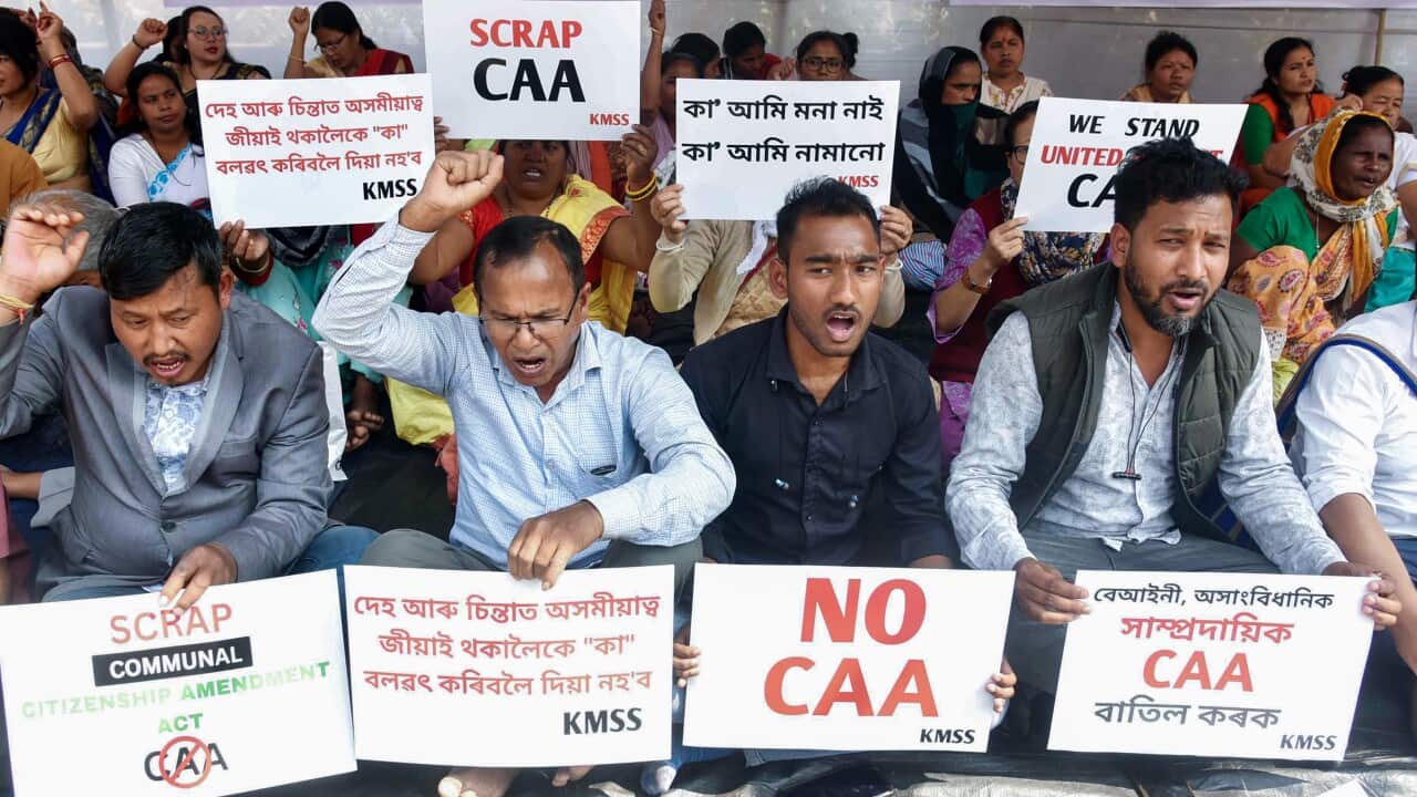 India: Krishak Mukti Sangram Samity (KMSS) supporters holding placards, raise slogans during a protest against the Citizenship Amendment Act (CAA)