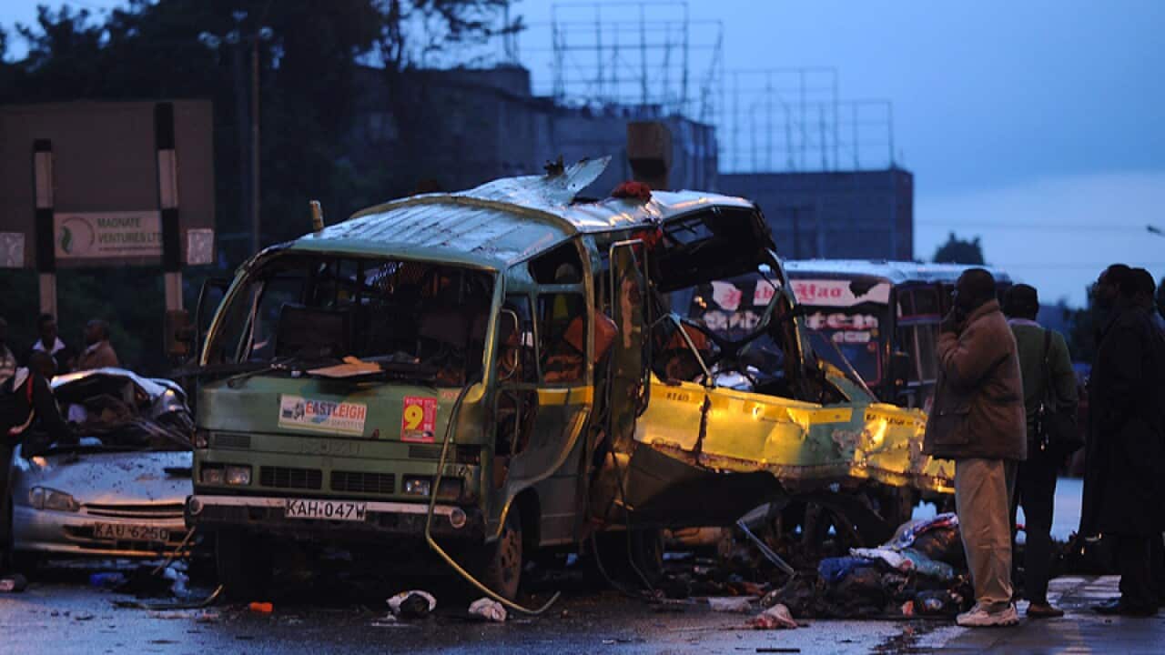 Police at the scene of an explosion on a bus