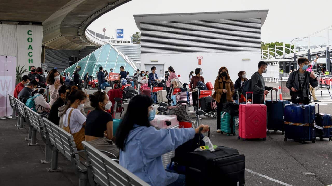Picture of international students waiting for buses at Sydney airport after arriving in Australia,