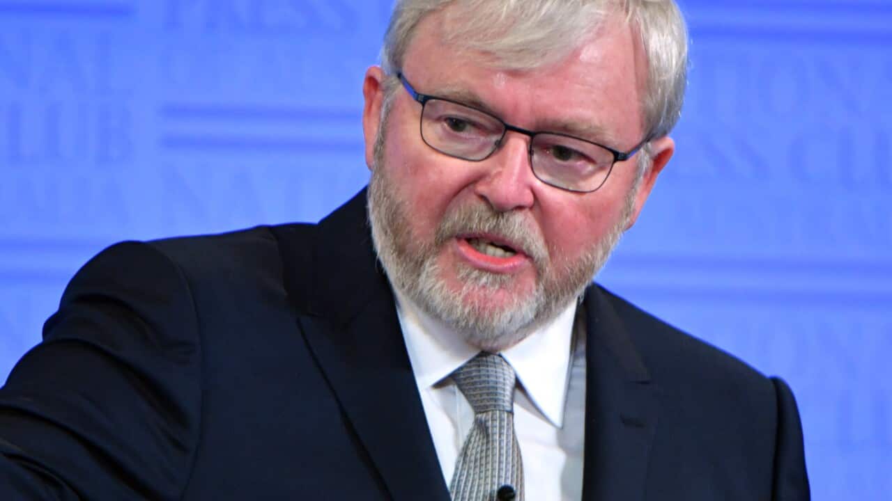 Former prime minister Kevin Rudd is seen speaking.