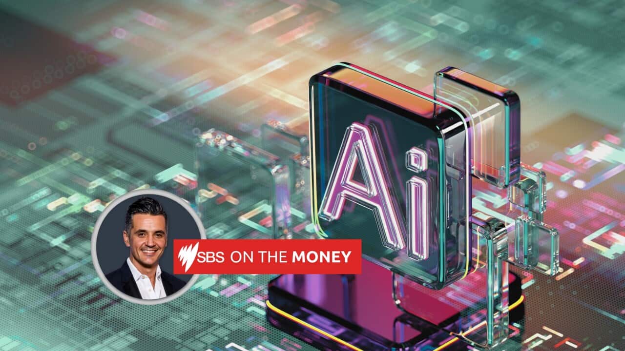 Illustration of a computer chip and the words AI