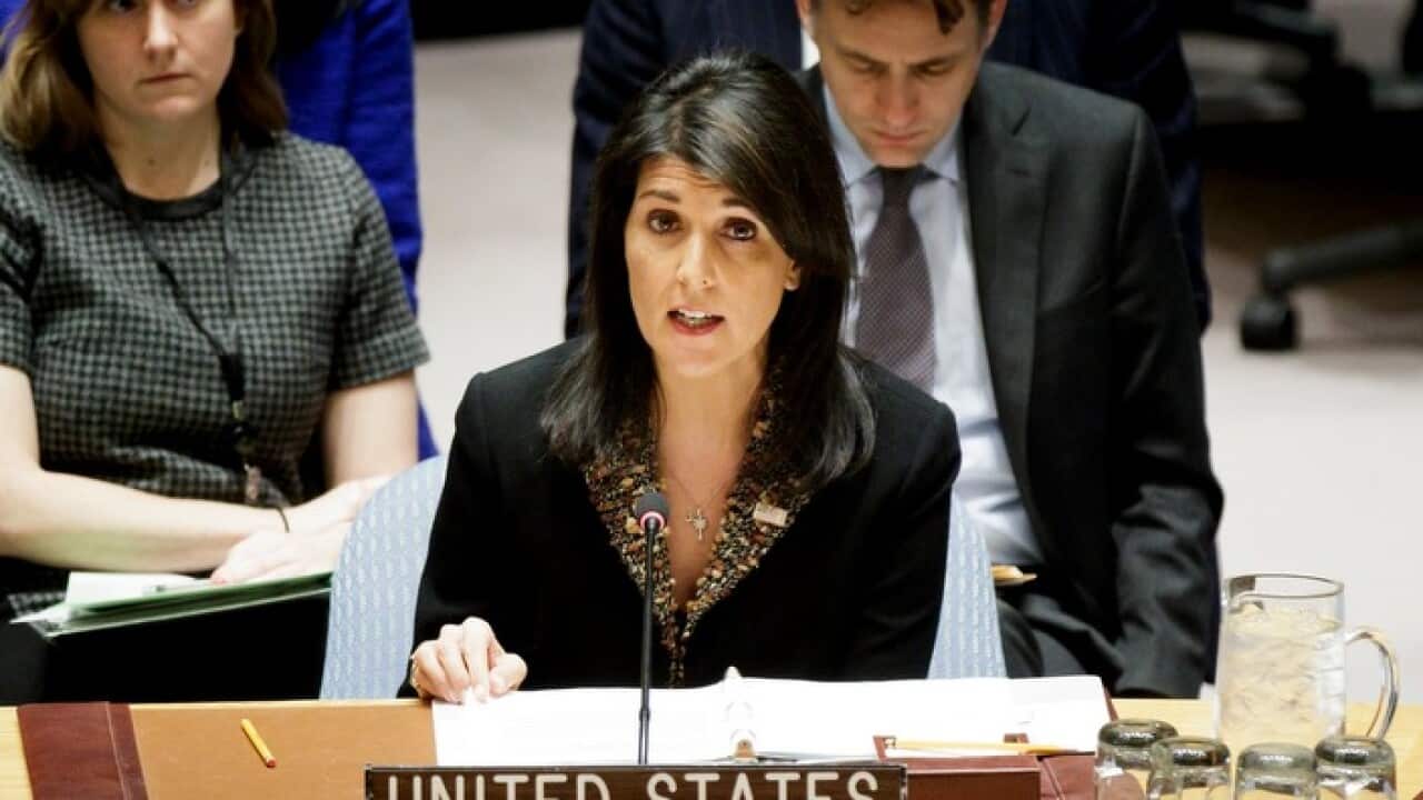 epa06397394 Nikki Haley (C), the United States' Ambassador to the United Nations, during a United Nations Security Council