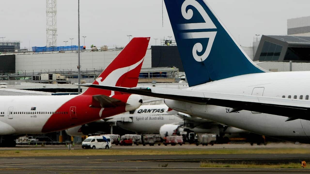 The tails of a Qantas plane and an Air New Zealand plane at Sydney Airport.