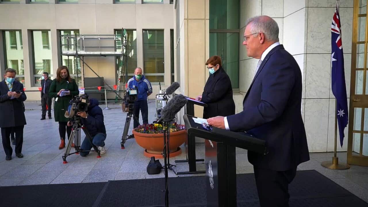 PM Scott Morrison and Foreign Affairs minister Marise Payne address the media (