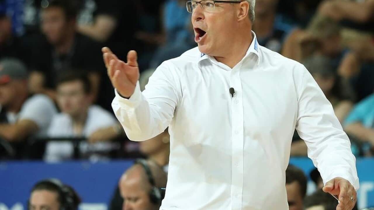 Melbourne United head coach Dean Vickerman gestures from the sideline.