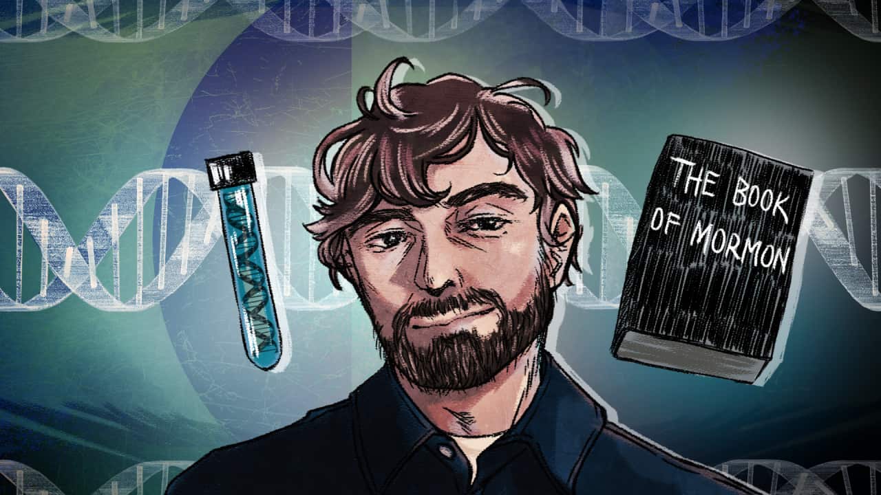 An illustrated image depicting a young white man with dark hair and a short beard, looking pensive. To his left is a DNA test tube and to his right is a copy of the Book of Mormon.