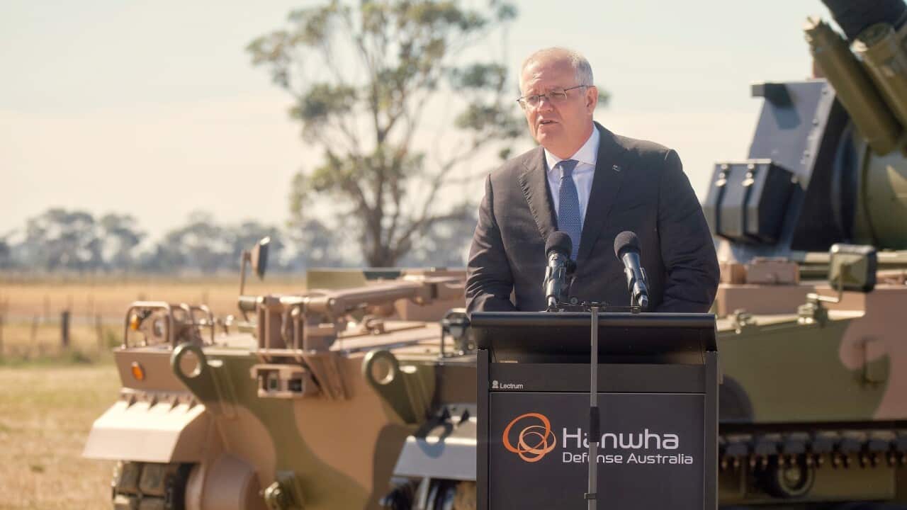Prime Minister Scott Morrison at Hanwha Armoured Vehicle Centre of Excellence (Howitzer Project) announcement in Melbourne (AAP)