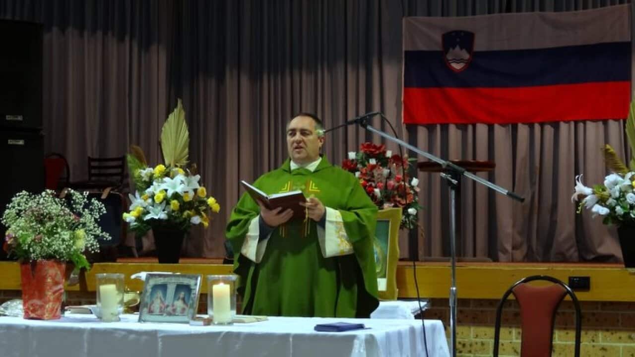 Fr Darko giving mass at Slovenian Association Sydney for National Day 2016