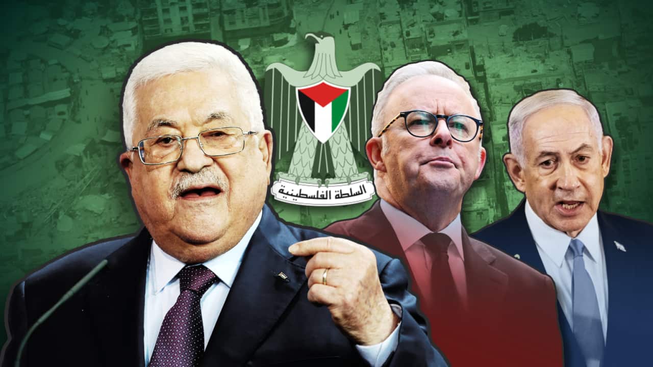 A composite image features images of Abbas, Albanese and Netanyahu