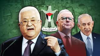 A composite image features images of Abbas, Albanese and Netanyahu
