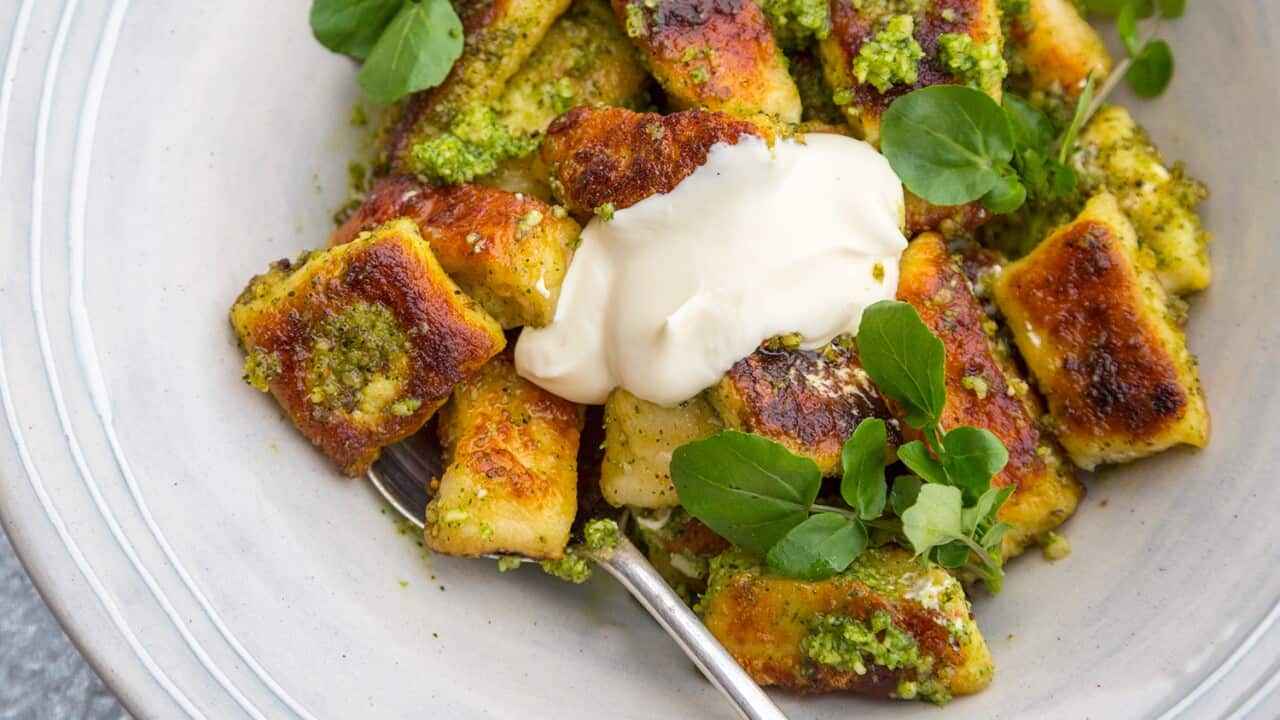 Fried gnocchi with watercress pesto