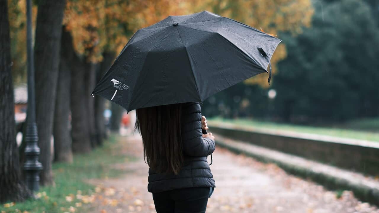 A woman holding an umbrella sheltering from the rain.