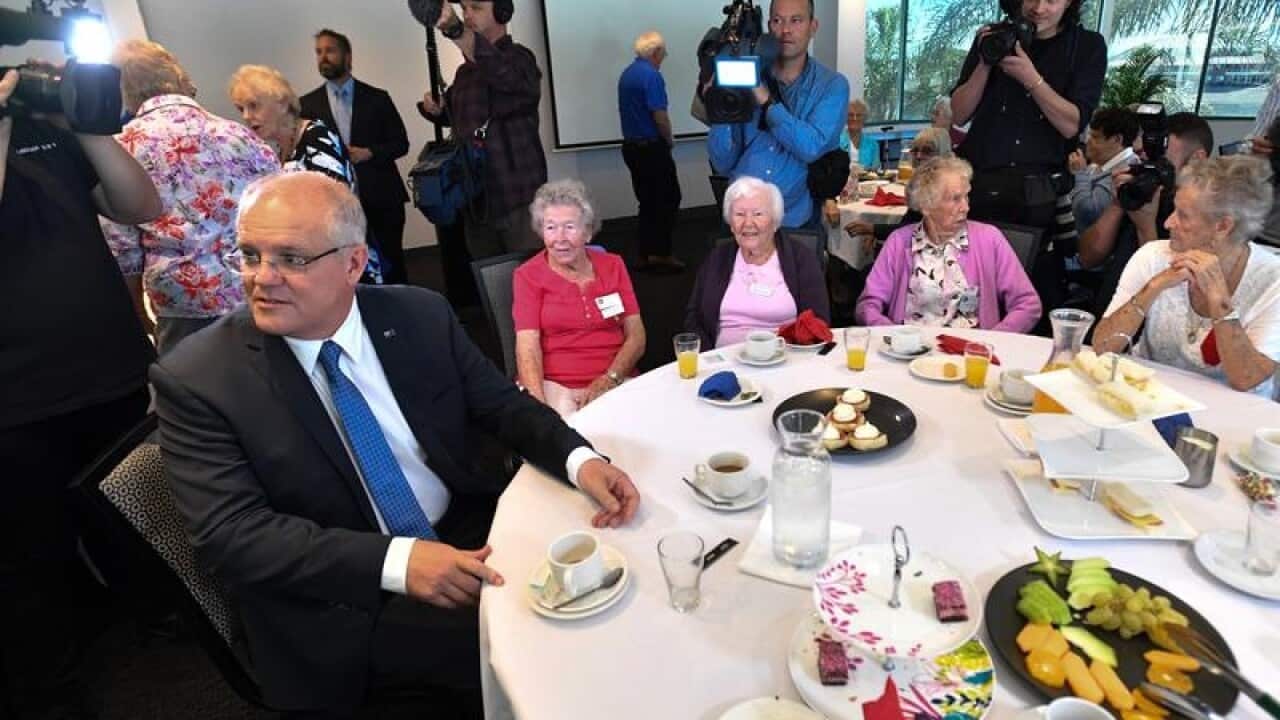 Prime Minister Scott Morrison at the Panthers Club in Port Macquarie.