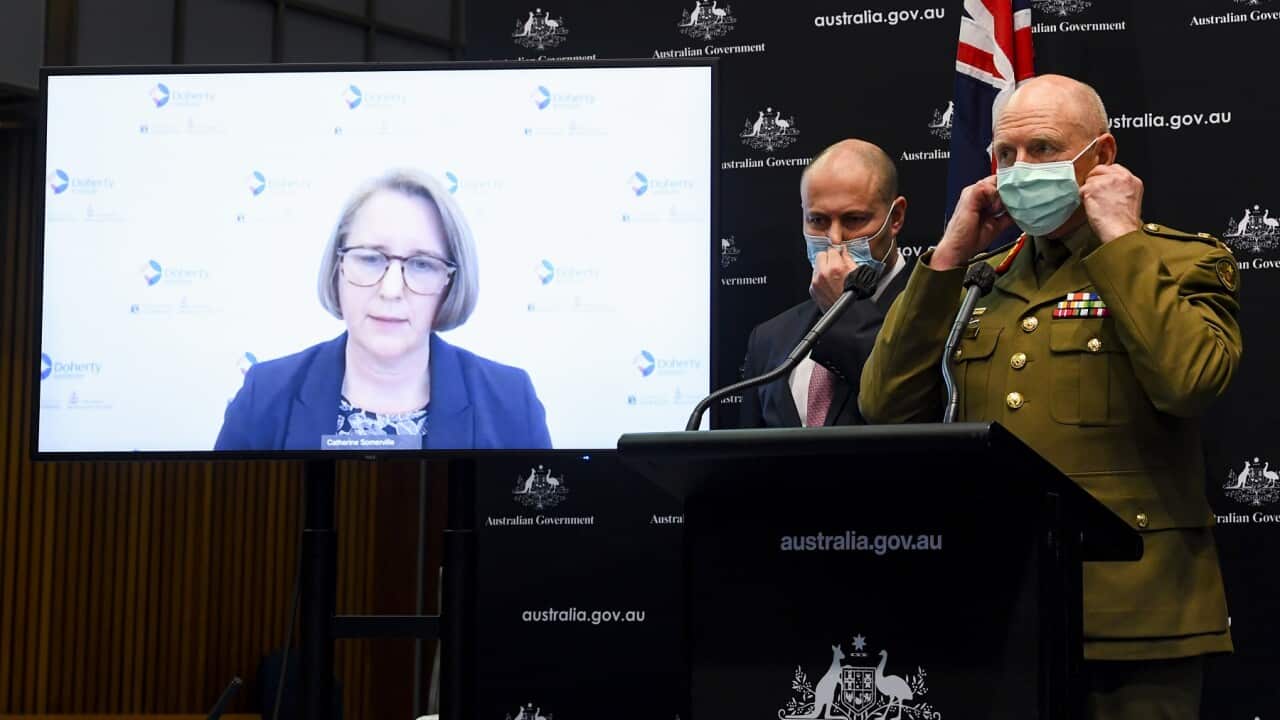 (L-R) Professor Jodie McVernon, Treasurer Josh Frydenberg and Lieutenant General John Frewen