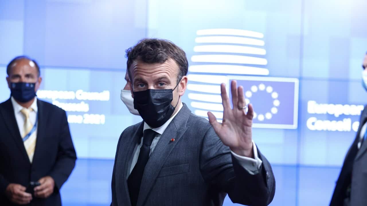 French President Emmanuel Macron at an EU leaders meeting in Brussels