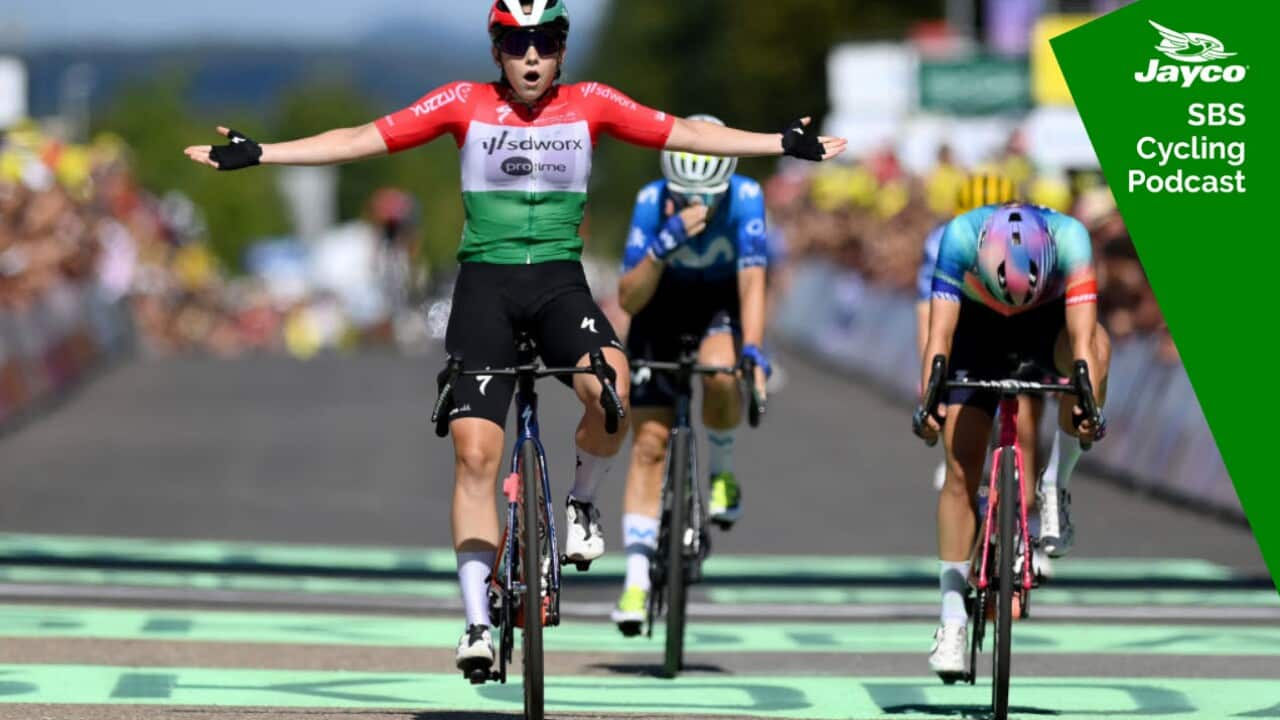 AMNEVILLE, FRANCE - AUGUST 15: (L-R) Blanka Vas of Hungary and Team SD Worx - Protime celebrates at finish line as stage winner ahead of Liane Lippert of Germany and Movistar Team and Katarzyna Niewiadoma of Poland and Team Canyon//SRAM Racing during the 3rd Tour de France Femmes 2024, Stage 5 a 152.2km stage from Bastogne to Amneville / #UCIWWT / on August 15, 2024 in Amneville, France. (Photo by Alex Broadway/Getty Images)