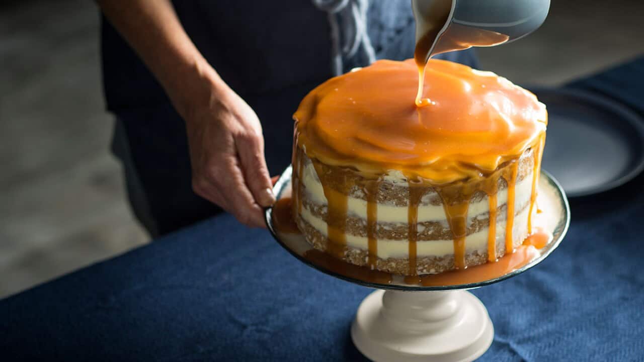 Layered banana and hazelnut cake with caramel