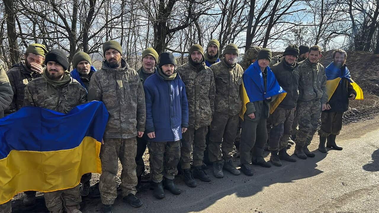 An image showing Ukrainian prisoners of war after their release (AAP).jpg