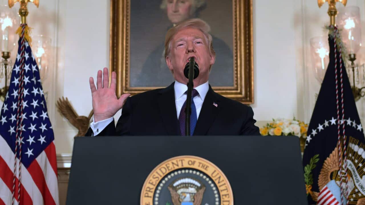 President Donald Trump speaks at the White House on Friday, April 13.