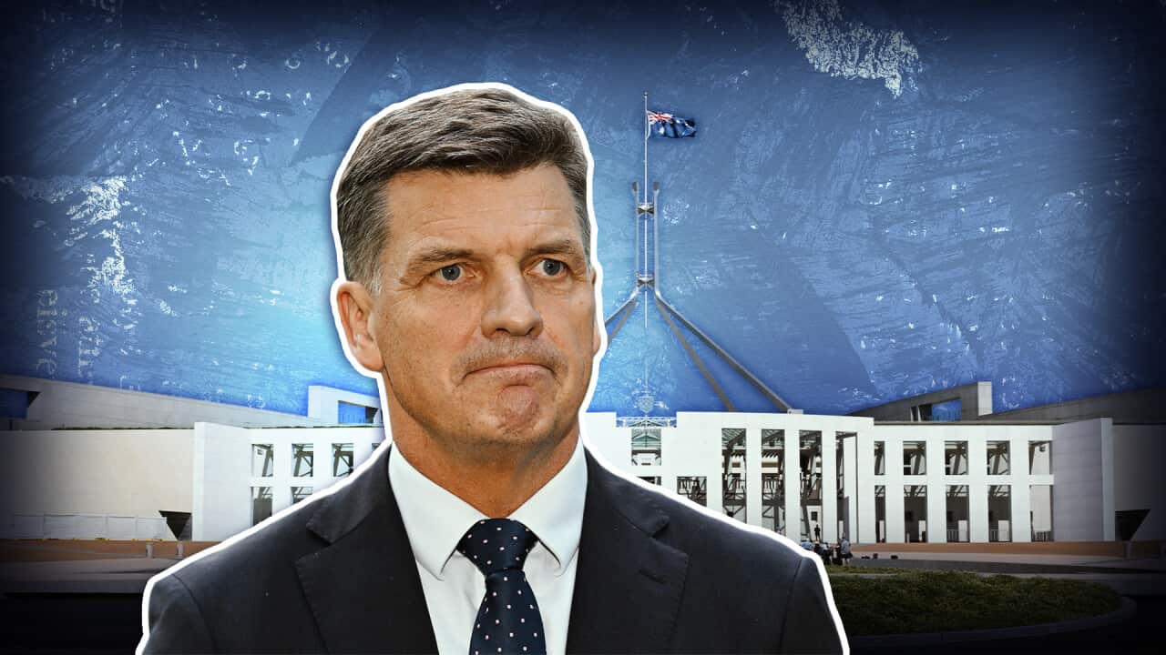 Angus Taylor, wearing a suit and tie, superimposed against the backdrop of parliament house.