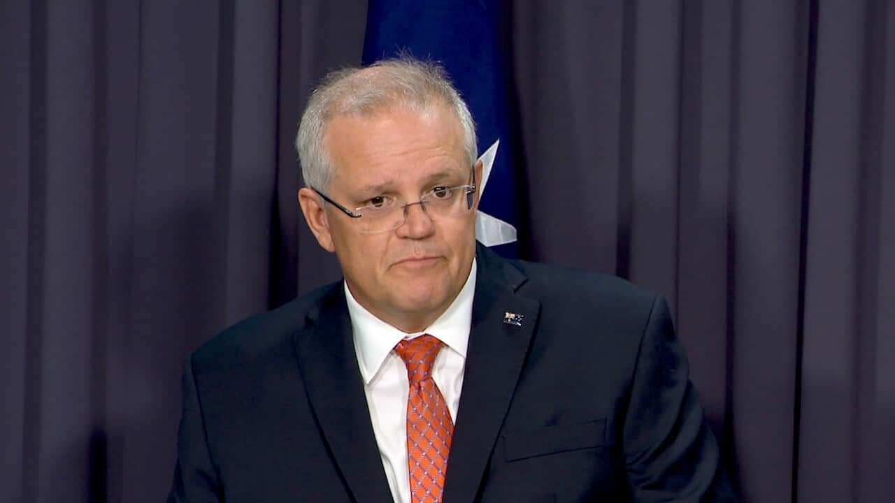 A screen grab obtained from a video on Sunday, January 12, 2020 showing Australian Prime Minister Scott Morrison addressing the media in Canberra. (AAP Image/Marc Tewksbury) NO ARCHIVING