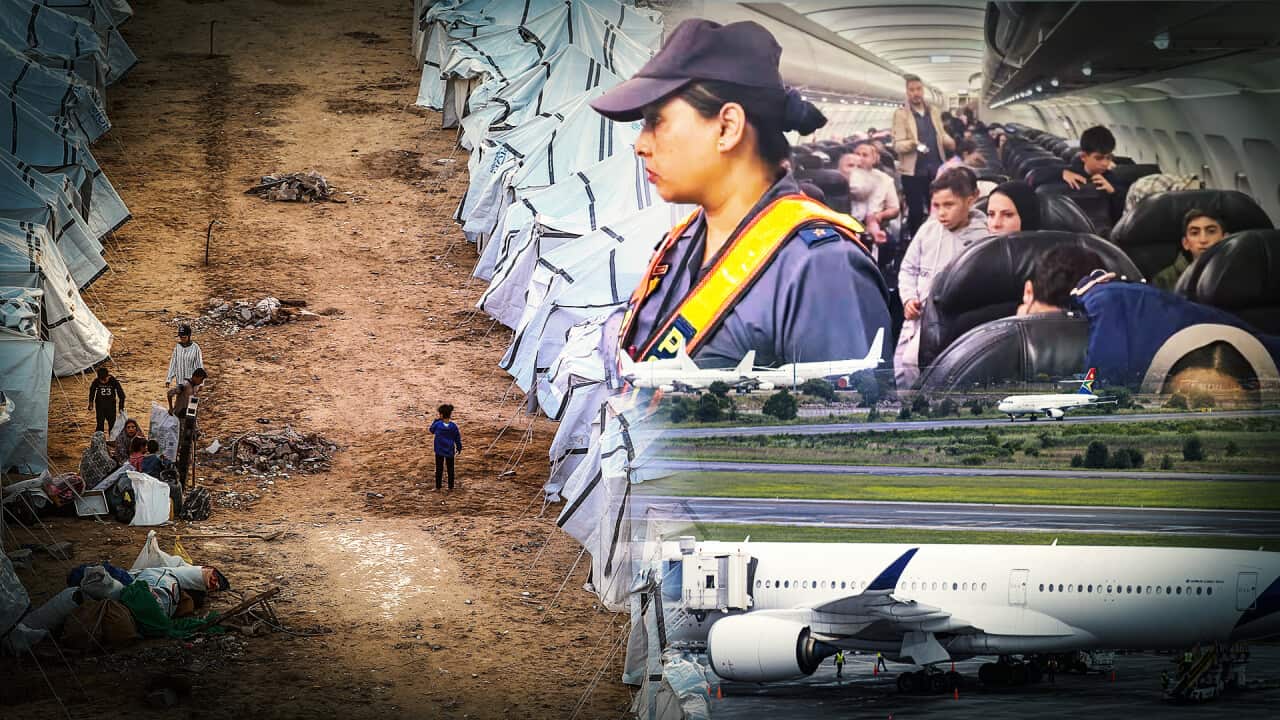 Collage showing a refugee camp, a border officer, airplane passengers, and planes on a runway.