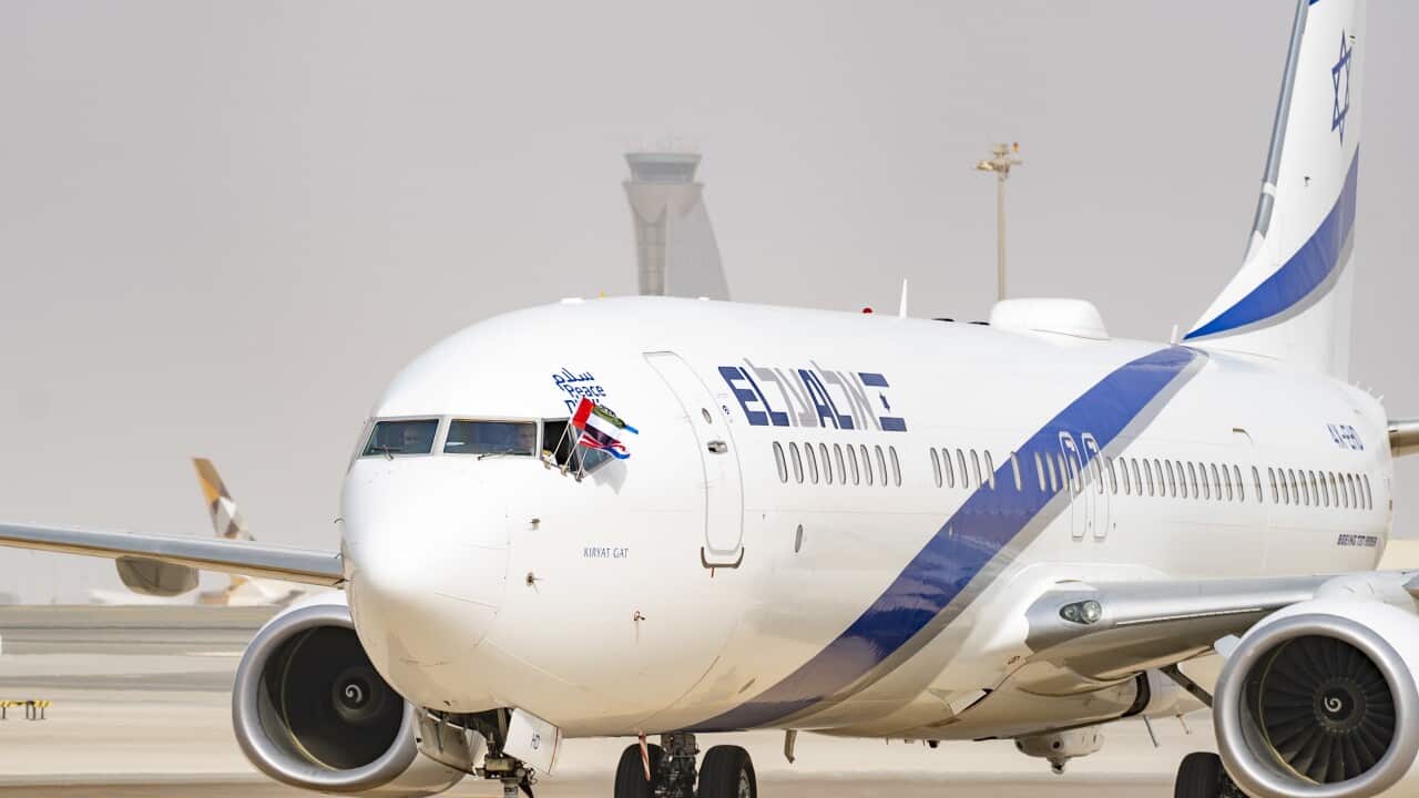 El Al's flight LY971 after landing at the airport in Abu Dhabi