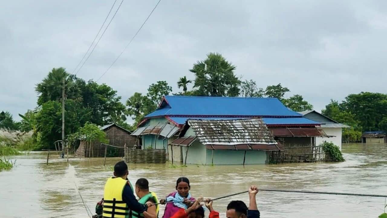 A representative image. A handout photo made available by Nepal Police shows villagers being rescued by Nepali police officers in Morang district, Nepal, 5 October 2025 (issued 6 October 2025).