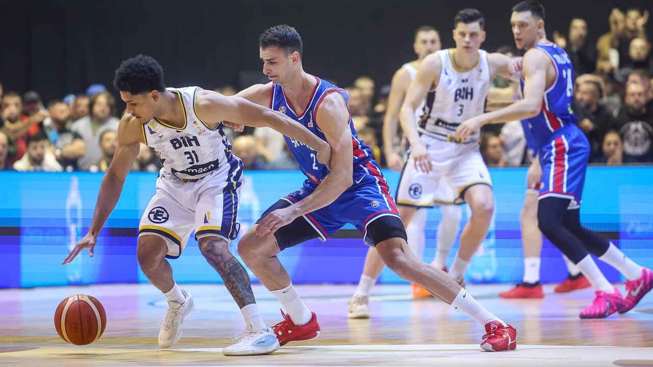 Xavier Castaneda of Bosnia and Herzegovina and Nemanja Dangubic of Serbia during the FIBA Basketball World Cup 2027 European Qulifiers group C match between Bosnia and Herzegovina at Sports Hall Mirza Delibasic - Skenderija on November 30, 2025