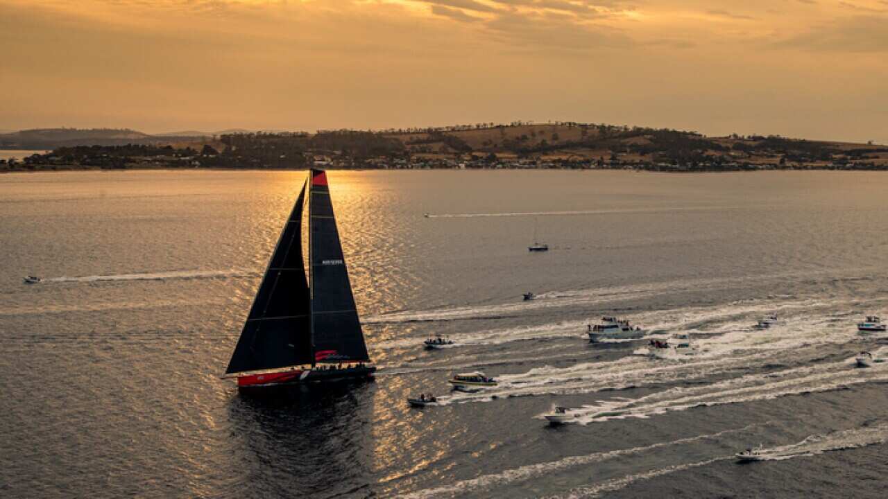 Comanche arriving to Hobart to claim Line Honours victory at the Sydney to Hobart race.