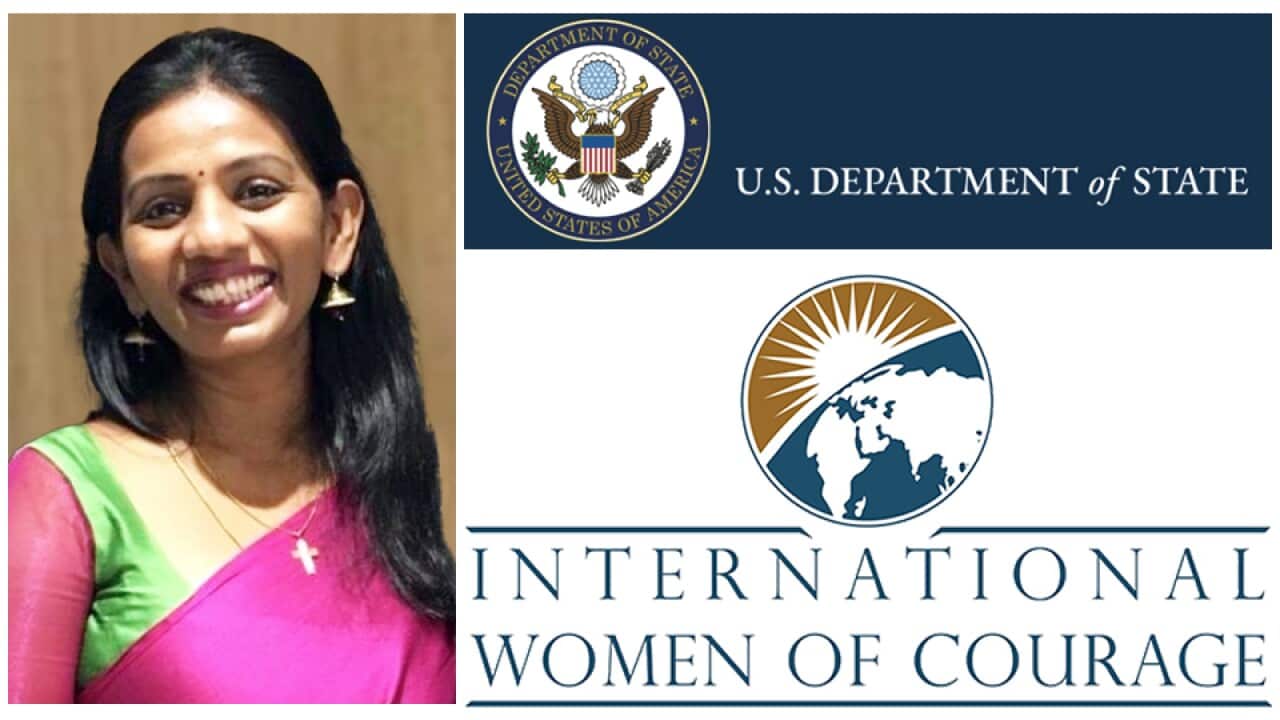 Ranitha Gnanarajah (left) is awarded the United States’ International Women of Courage award by the Department of State
