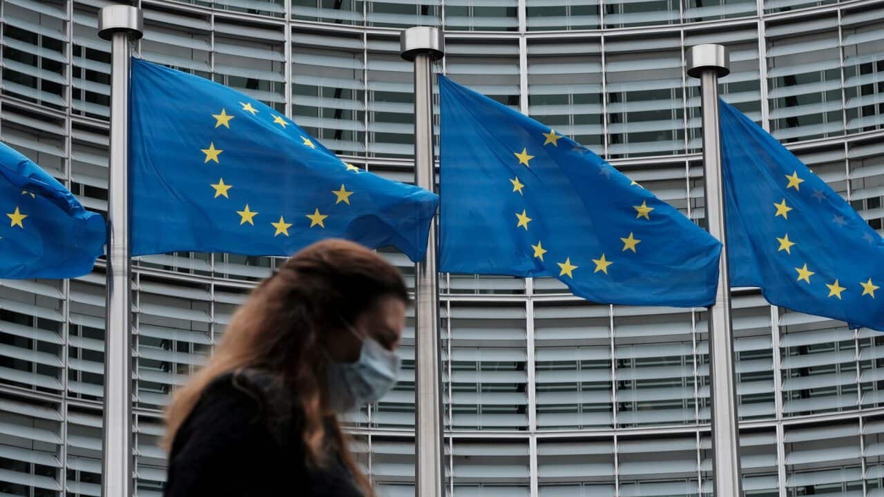Europen Union flags at the European Commission headquarters in Brussels, Belgium.
