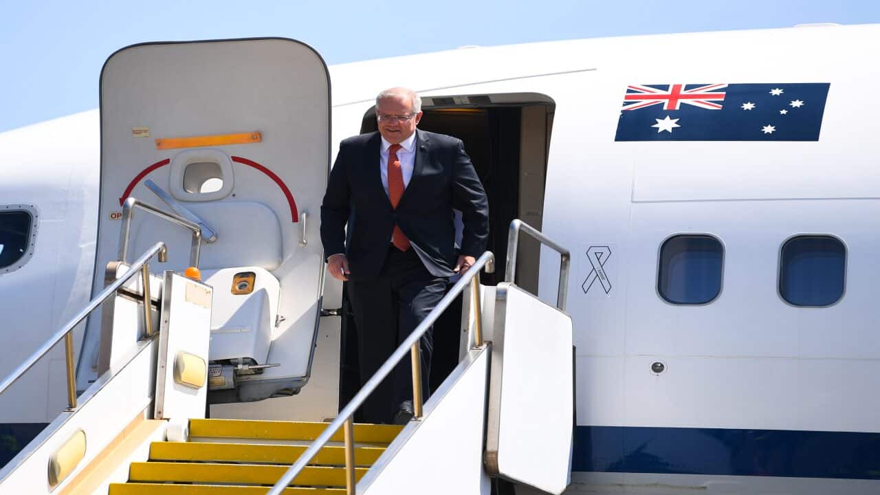 Australian Prime Minister Scott Morrison arrives in Dili, East Timor, Friday, August 30, 2019. East Timor is celebrating the 20th anniversary of its independence from Indonesia. (AAP Image/Lukas Coch) NO ARCHIVING
