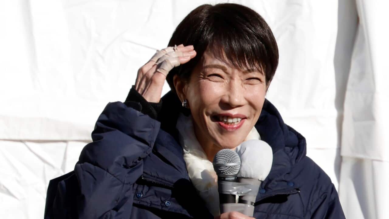 Japanese Prime Minister LDP leader Takaichi delivers a speech at election campaign rally