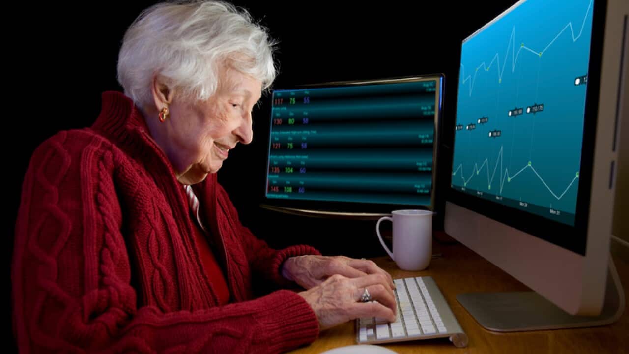 An older lady using internet technology