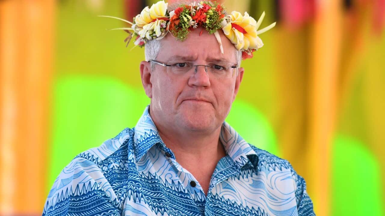 Prime Minister Scott Morrison arrives for the Pacific Islands Forum in Funafuti, Tuvalu, Wednesday, August 14, 2019. (AAP Image/Mick Tsikas) NO ARCHIVING