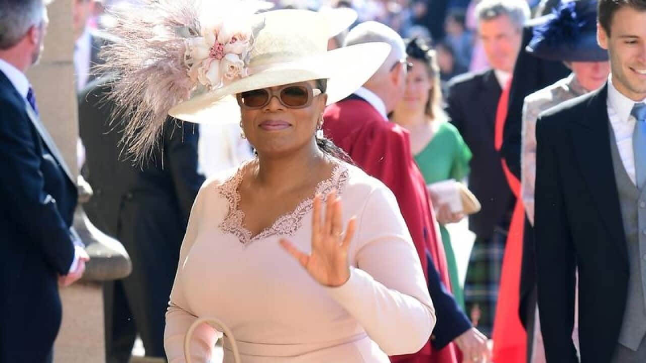 Oprah Winfrey arrives at St George's Chapel for the royal wedding.