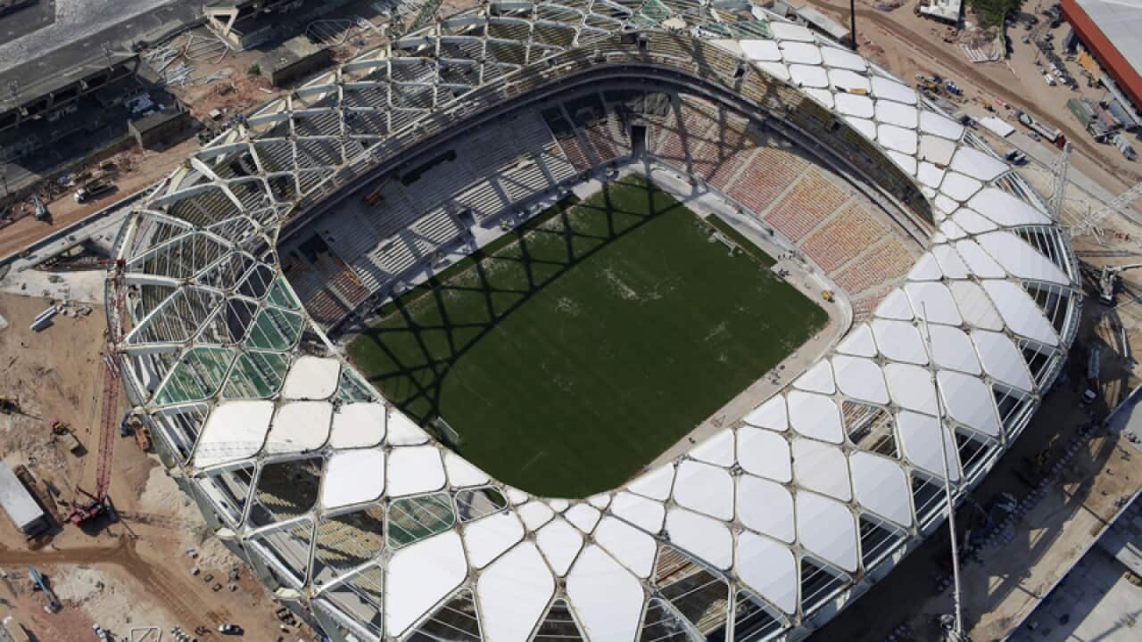 An aerial view of the Arena da Amazonia stadium